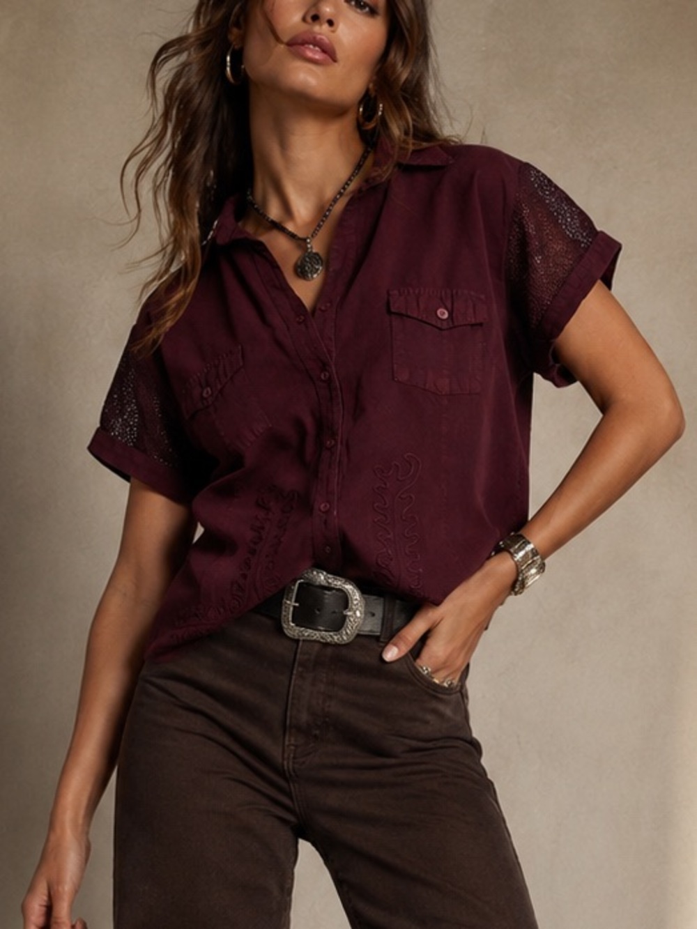Scully Western Soutache Embroidered Short Sleeve Button Down Top Large